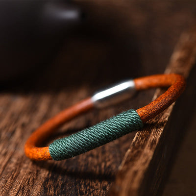 Buddha Stones Tibetan Leather Handmade Five Elements Luck Braid String Buckle Bracelet Bracelet BS Green(Wood) 19cm