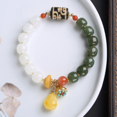 Buddha Stones Natural Hetian White Jade Cyan Jade Lotus Amber Red Agate Luck Blessing Bracelet