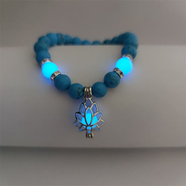 Buddha Stones Tibetan Turquoise Glowstone Luminous Bead Lotus Protection Bracelet Bracelet BS Dark Blue Turquoise Green Light