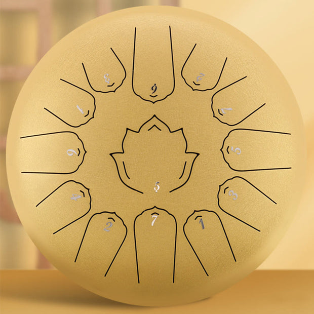 Buddha Stones Steel Tongue Drum Sound Healing Mindfulness Lotus Pattern Yoga Drum Kit 13 Note 12 Inch Percussion Instrument Tongue Drum BS Yellow