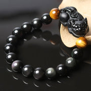 Buddha Stones FengShui PiXiu Rainbow Obsidian Tiger Eye Wealth Bracelet Bracelet BS 14mm