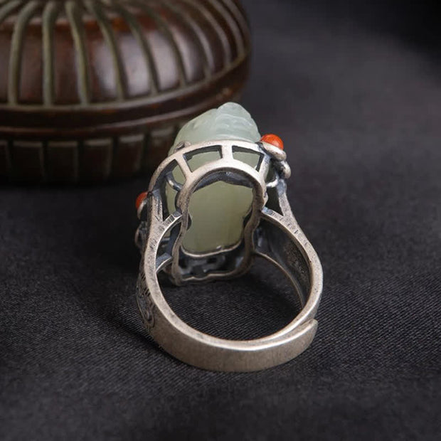 Buddha Stones 925 Sterling Silver Hetian White Jade PiXiu Luck Protection Ring Ring BS 3