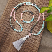 108 Mala Beads Amazonite Black Glitter Stone Positive Tassel Bracelet (Extra 30% Off | USE CODE: FS30) Mala Bracelet BS 1