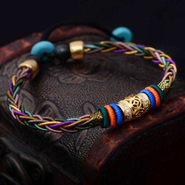 Buddha Stones Tibetan Handmade Eight Thread Knot Copper Coin Luck Weave String Bracelet Bracelet BS 1