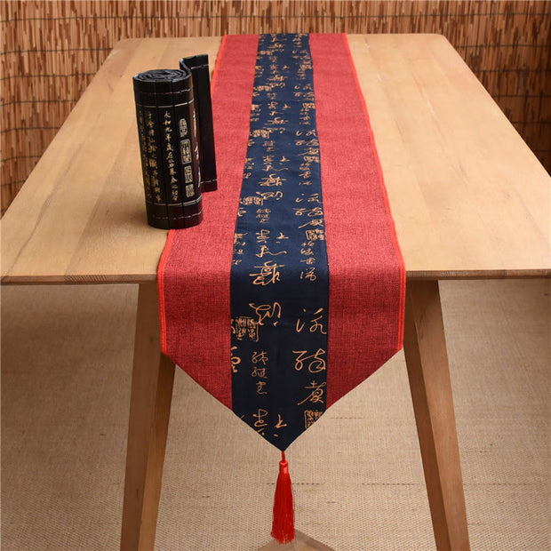 Buddha Stones Classic Chinese Style Lotus Koi Fish Flower Crane Calligraphy Enlightenment Cotton Linen Tassels Table Runner Table Runner BS Red Blue Calligraphy 30*180cm