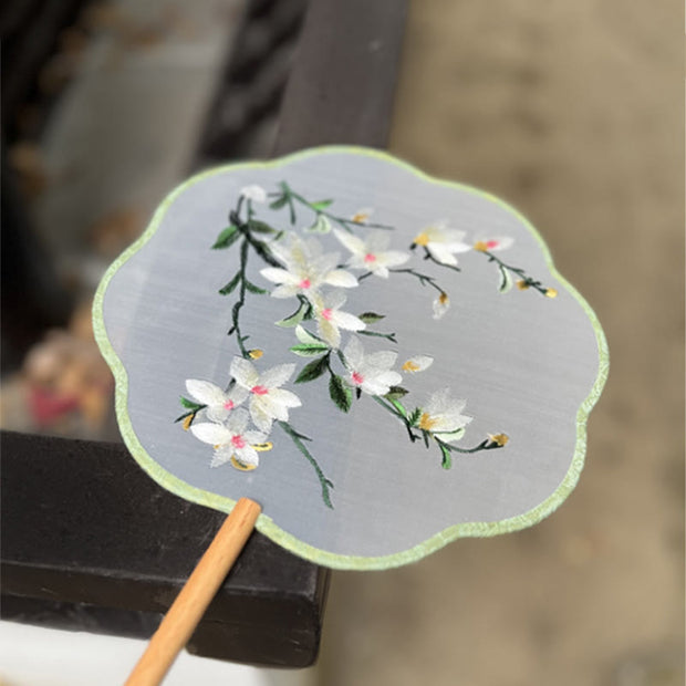 Buddha Stones Magnolia Flowers Double-sided Embroidered Handheld Silk Fan