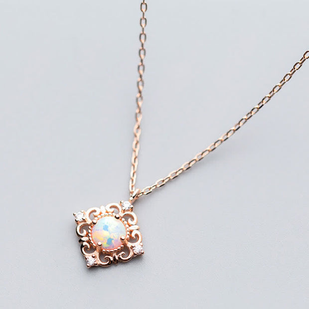 Buddha Stones 925 Sterling Silver Vintage Opal Bead Square Frame Crystal Necklace Chain Pendant Necklaces & Pendants BS 2