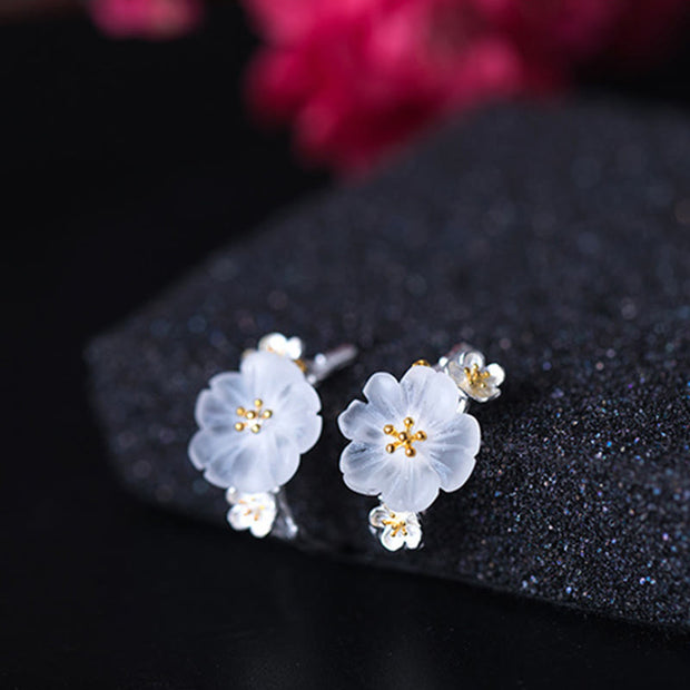 Buddha Stones 925 Sterling Silver Plum Blossom Floral Blessing Earrings Earrings BS 15