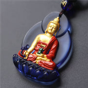 Buddha Stones Tibet Medicine Buddha Liuli Crystal Compassion Necklace Pendant Necklaces & Pendants BS Blue Gold Medicine Buddha