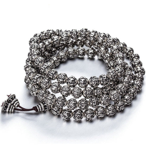 Buddha Stones Tibetan Om Mani Padme Hum Carved Alloy Beads Amulet Bracelet Bracelet BS Antique Silver 8mm*108 Beads