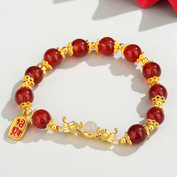 Buddha Stones 925 Sterling Silver Year of the Dragon Natural Red Agate Hetian Jade Fu Character Charm Strength Bracelet