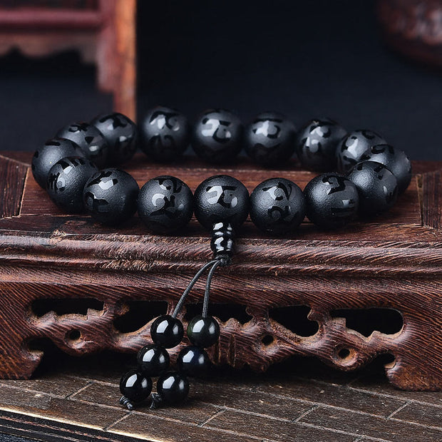 Buddha Stones Tibet White Crystal Black Onyx Om Mani Padme Hum Meditation Bracelet Bracelet BS Black Onyx(Synthetic)(Protection♥Fortune) 14mm