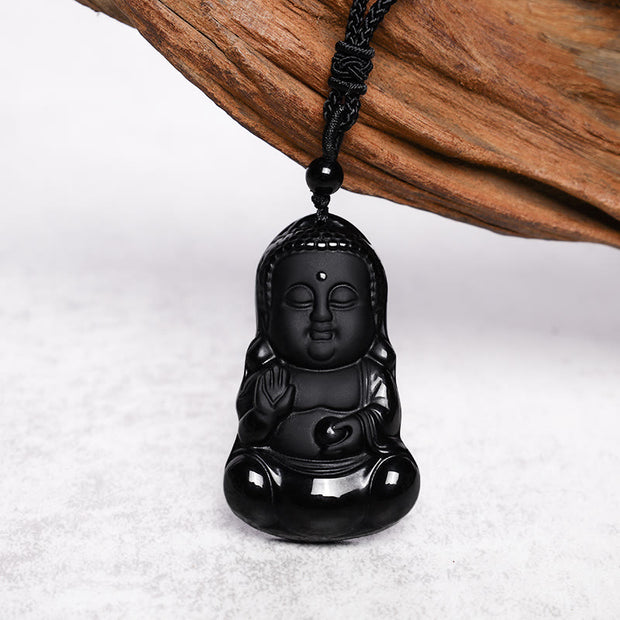 Buddha Stones Natural Black Obsidian Crystal Buddha Strength Protection Amulet Lucky Charm Pendant Necklace Necklaces & Pendants BS 3