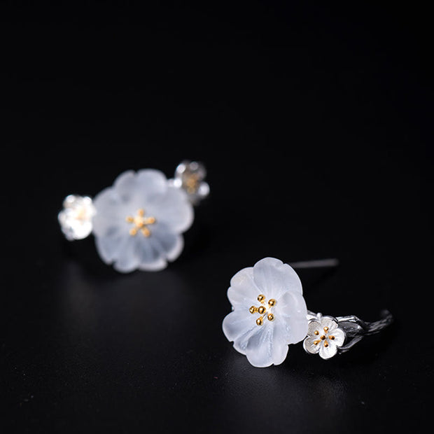 Buddha Stones 925 Sterling Silver Plum Blossom Floral Blessing Earrings Earrings BS 13