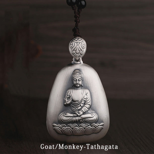 Buddha Stones 999 Sterling Silver Chinese Zodiac Natal Buddha Heart Sutra Engraved Protection Necklace Pendant