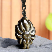 Buddha Stones Natural Fluorite Gold Sheen Obsidian Fox Pendant Protection Necklace Necklaces & Pendants BS 10