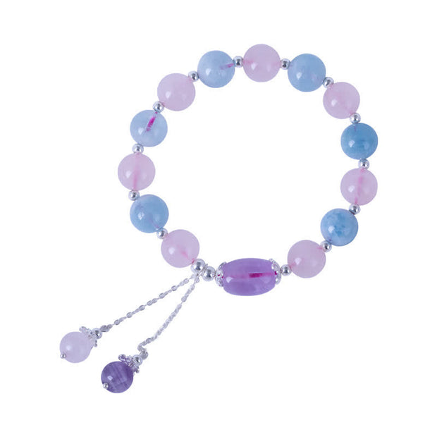 Buddha Stones 925 Sterling Silver Natural Crystal Purple Mica Stone Aquamarine Amethyst Healing Bracelet