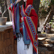 Buddha Stones Tibetan Shawl Red Love Heart Tassel Hooded Cloak Winter Cozy Travel Scarf Wrap