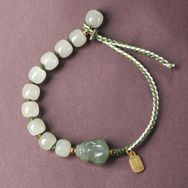 Buddha Stones Natural Hetian Jade PiXiu Luck Fu Character String Bracelet Bracelet BS 7