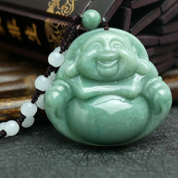 Buddha Stones Laughing Buddha Cyan Jade Harmony Necklace String Bead Pendant Necklaces & Pendants BS 1