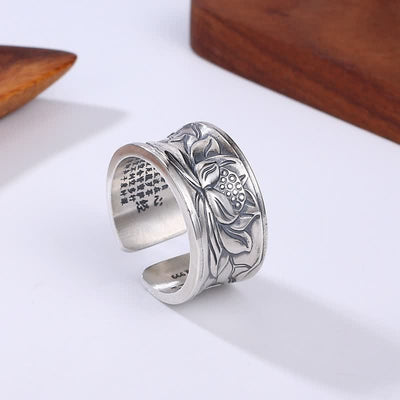 Buddha Stones 999 Sterling Silver Lotus Flower Heart Sutra Protection Ring Ring BS 999 Sterling Silver