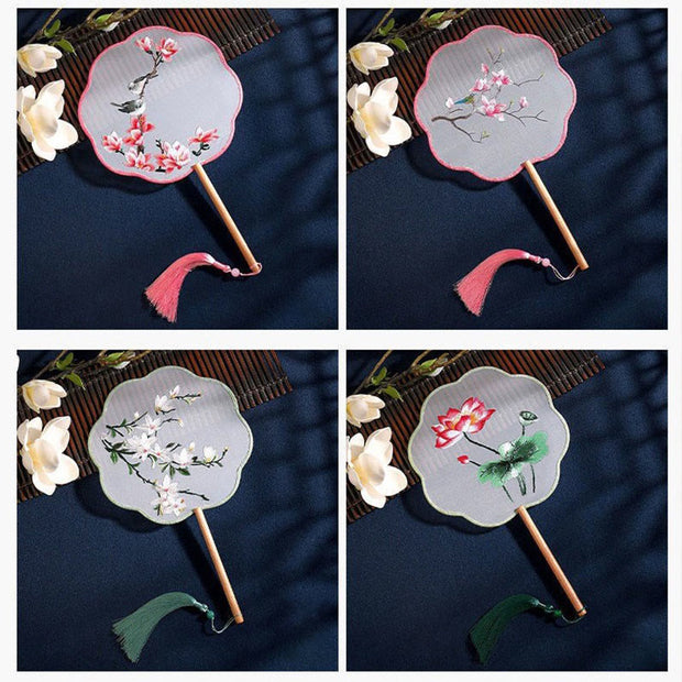 Buddha Stones Butterfly Lotus Flowers Bird Dragonfly Peacock Embroidered Handheld Silk Fan