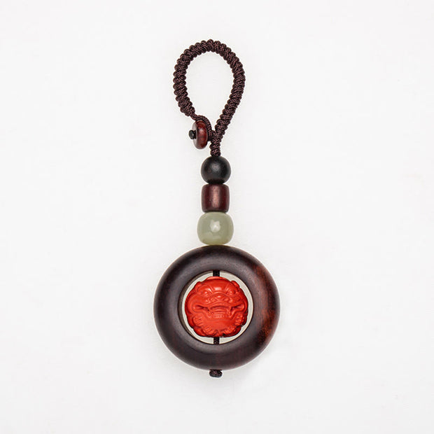 Buddha Stones Tibet Om Mani Padme Hum PiXiu Copper Coin Small Leaf Red Sandalwood Cinnabar Protection Key Chain Key Chain BS 17