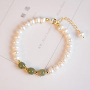 Buddha Stones 14K Gold Plated Natural Pearl Hetian Cyan Jade White Jade Sincerity Bead Chain Bracelet Bracelet BS 8
