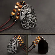 Buddha Stones Black Obsidian Tiger Eye Dragon Phoenix Protection Beaded Necklace Pendant Necklaces & Pendants BS 4