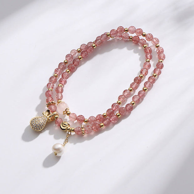 Buddha Stones Strawberry Quartz Money Bag Positive Charm Double Wrap Bracelet