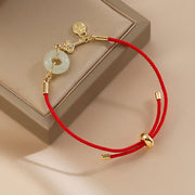 Buddha Stones 18K Gold Plated Hetian Jade Peace Buckle Fu Character Luck Red Rope Bracelet Bracelet BS 8