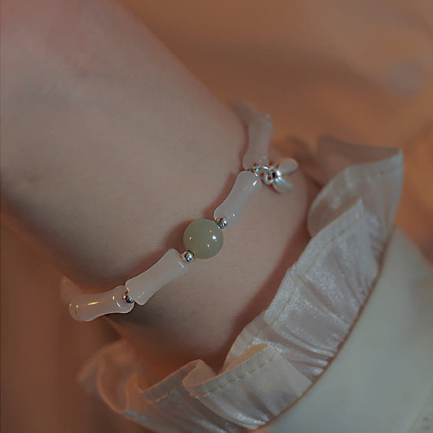 Buddha Stones Green White Bamboo Pattern Liuli Crystal Luck Strength Bracelet