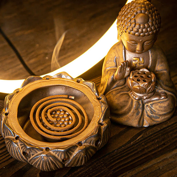 Buddha Stones Buddha Lotus Backflow Smoke Fountain Ceramic Blessing Incense Burner With Light Decoration Incense Burner BS 12