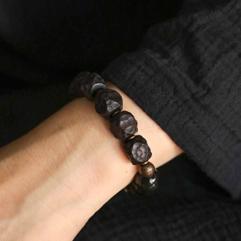 Buddha Stones Black Obsidian Ebony Wood Copper Strength