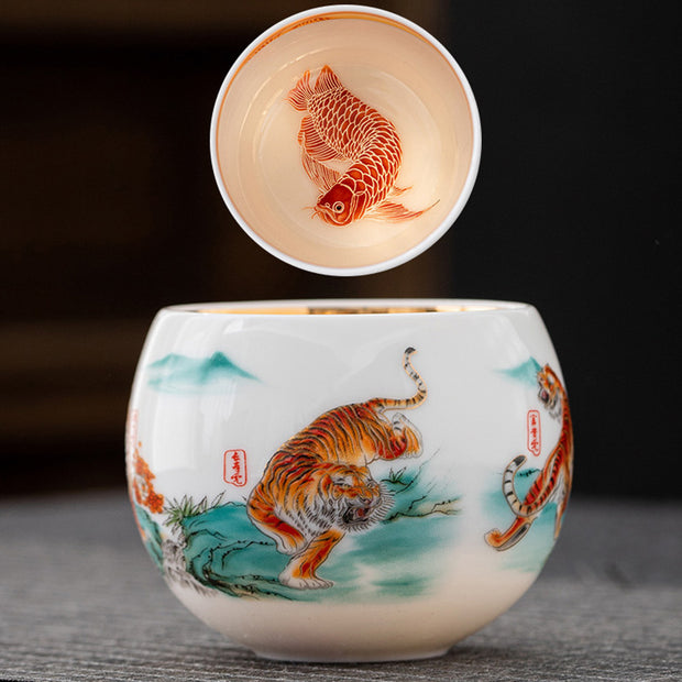 Buddha Stones Tiger Lotus Flower Leaf Koi Fish Gilt Ceramic Teacup Kung Fu Tea Cup 175ml Cup BS 2
