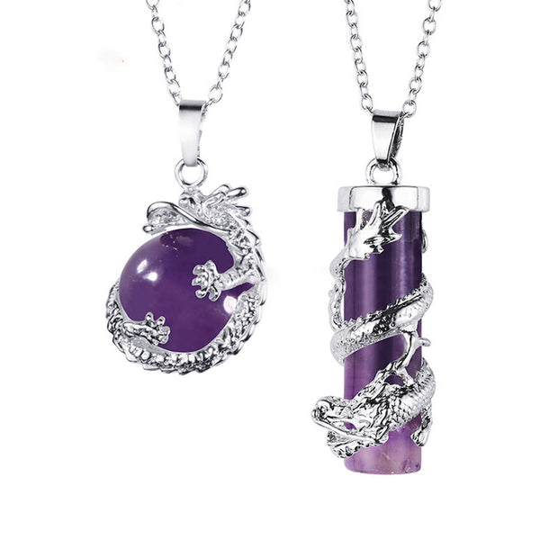 Buddha Stones 2pc Dragon Wrapped Round Ball Gemstone Couple Necklace Pendant Necklaces & Pendants BS Amethyst