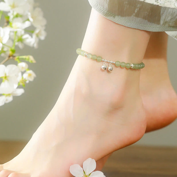 Buddha Stones 925 Sterling Silver Natural Hetian Jade Prosperity Bell Charm Anklet Anklet BS 1