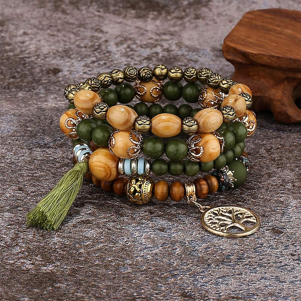 Buddha Stones Wenge Wood Layered Tree Tassel Healing Bracelet Bracelet BS Green