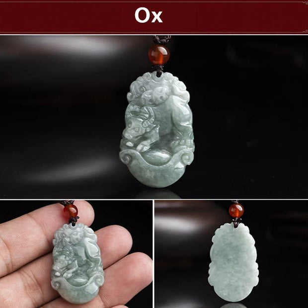 Buddha Stones Natural Jade 12 Chinese Zodiac Sucess Pendant Necklace Necklaces & Pendants BS Ox