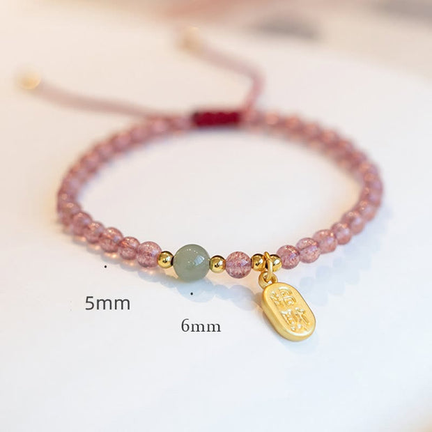 Buddha Stones Natural Strawberry Quartz Garnet Jade Lucky Fortune Fu Character Healing Charm Bracelet Bracelet BS 8