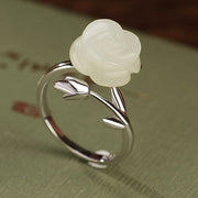 Buddha Stones 925 Sterling Silver Plated Gold Rose Flower Hetian White Jade Happiness Ring Ring BS 10