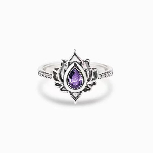 Buddhastoneshop 925 Sterling Silver Lotus Zircon Blessing Protection Ring