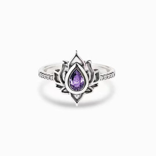 Buddhastoneshop 925 Sterling Silver Lotus Zircon Blessing Protection Ring