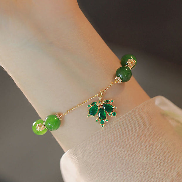 Buddha Stones 14k Gold Plated Green Chalcedony Maple Leaf Courage Strength Bracelet