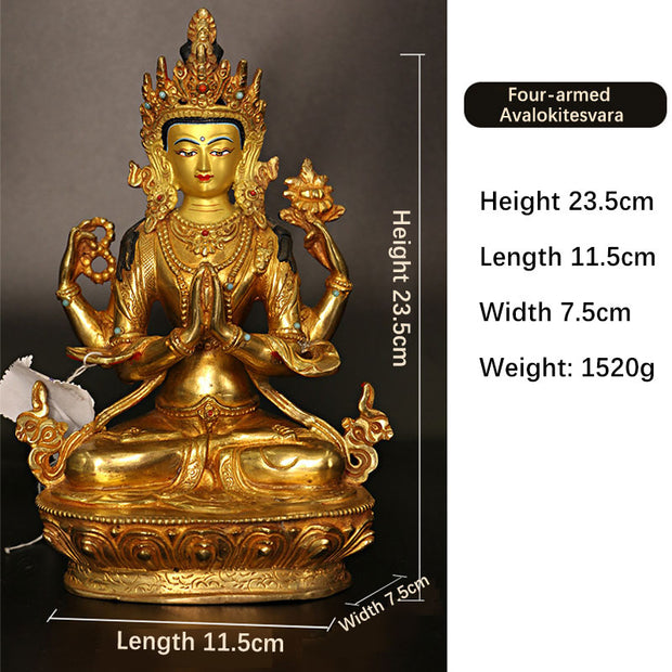 Buddha Stones Bodhisattva Tara Chenrezig Four-armed Avalokitesvara Protection Copper Gold Plated Statue Decoration Decorations BS AVALOKITESVARA SYMBOL (Wealth ♥ Success)