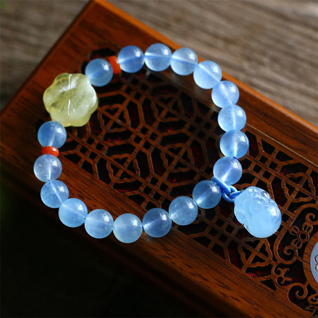 Buddha Stones Natural Aquamarine Amber Pixiu Peace Healing Charm Bracelet
