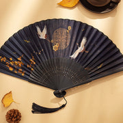 Buddha Stones Crane Peach Blossoms Persimmon Orchid Butterfly Bamboo Handheld Silk Bamboo Folding Fan 21cm