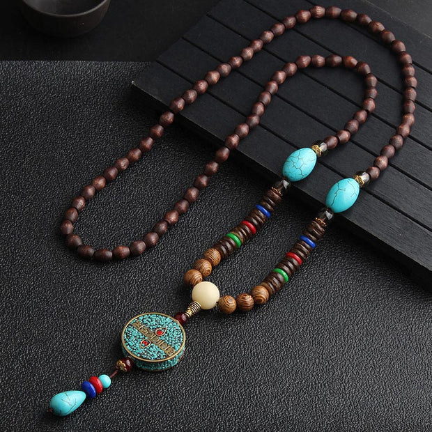 Buddha Stones Turquoise Dzi Bead Prayer Wheel Wenge Wood Meditation Necklace Necklaces & Pendants BS Turquoise