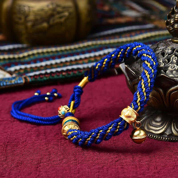 Buddha Stones Tibetan Handmade Luck Protection Thangka Prayer Wheel Bell Charm Braid String Bracelet Bracelet BS Dark Blue(Wrist Circumference 14-19cm)