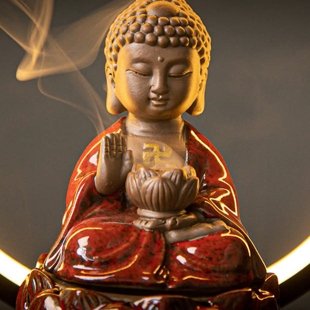 Buddha Stones Buddha Lotus Backflow Smoke Fountain Ceramic Blessing Incense Burner With Light Decoration Incense Burner BS 1